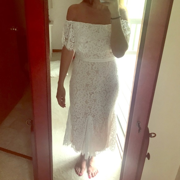 white lace off the shoulder midi dress